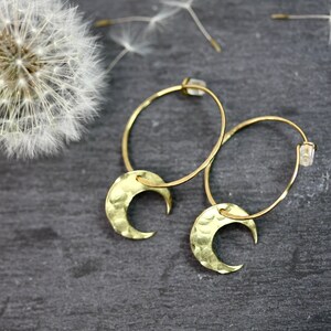May include: Gold-colored hoop earrings with hammered crescent moon charms. The earrings are displayed on a dark gray surface, with a dandelion and scattered seeds in the background. The earrings have a simple, elegant design.
