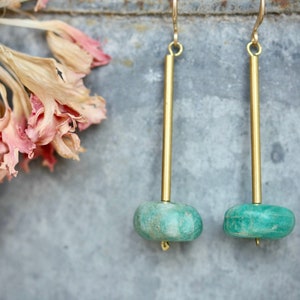 Green Stone Earrings made from Chrysoprase Gemstones on Raw Brass Stems - natural bohemian earrings  semi precious