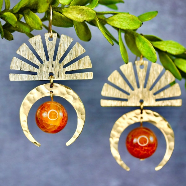 Sun Agate Earrings, moon and sun earrings gold sun earrings sun ray earrings red fire Agate earrings big boho earrings big gold earrings