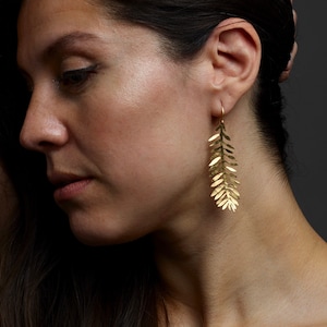 Gold Leaf Earrings Made From Raw Brass That Has Been Beaten and Hammered Bohemian, handmade nature style earrings image 1