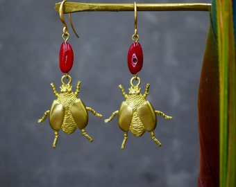 beetle earrings insect earrings beetle jewelry insect jewelry beetle jewellery gold earrings unusual earrings green earings coral jewelry