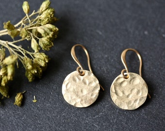 Hammered Brass Disc Earrings, Minimalist Gold Coin Jewelry