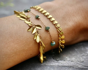 Dainty gold bracelet, delicate bracelet, gemstone bracelet, sun bracelet, leaf bracelet, brass bracelet, boho bracelet, bohemian bracelet