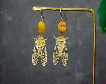 Cicada Insect Earrings Made From Raw brass and Vintage Beads