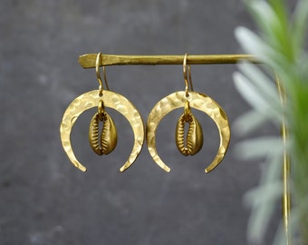 Cowrie Shell Earrings, shell earrings gold cowrie shell brass earrings beach earrings boho earrings bohemian earrings hippie earrings