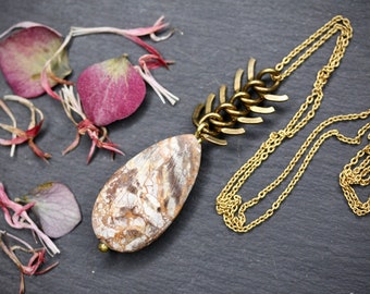 Boho Jasper Pendant Necklace, Natural Stone, Gold Chain