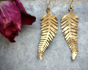 Gold Leaf Earrings Made From Raw Brass That Has Been Beaten and Hammered - Bohemian, handmade nature style earrings