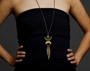 Amethyst long gold necklace with brass fringe - This gold pendant has hammered brass pieces, such a bohemian vibe!