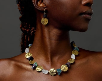 Elegant Statement Gemstone Necklace made from Fluorite and Gold Brass Textured Coins - What a Regal Necklace!