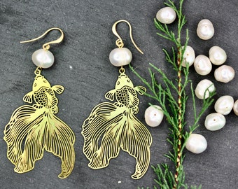 Fish Earrings, koi earrings, pearl earrings, lucky earrings, gold earrings, big earrings, light earrings, Chinese earrings, ocean earrings