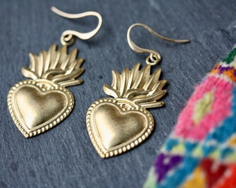 Flaming Sacred Heart Dangle Earrings, Raw Brass, Mexican Boho