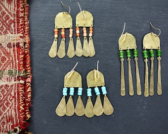 Hand Beaten Brass Dangle Earrings, Turquoise, Coral, Jade, Boho Ethnic Style