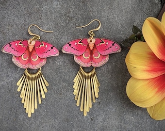 Pink Butterfly Earrings with Brass Fringe Reminiscent of Flight, Large but relatively light in weight - boho earrings large boho earrings