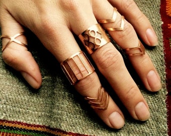 Pure copper ring set with Geometric, boho and tribal vibes