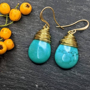 Turquoise Earrings, Turquoise jewellery, blue earrings, drop earrings, blue drops blue jewellery semi precious gem earrings little