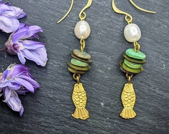 22k Gold Plated Fish Dangle Earrings, Turquoise & Pearl, Boho Mermaid Style