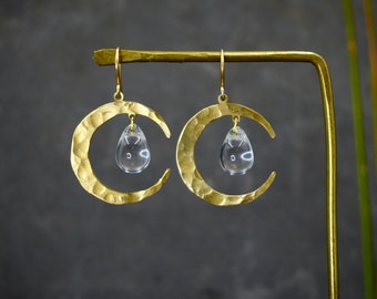 Hammered Brass Moon Earrings, Glass Drop, Celestial Jewelry