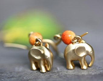 Gold Elephant Earrings, Red Agate, Boho Animal Jewelry