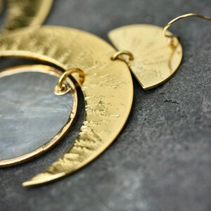 Statement big 18k gold covered brass earrings made with translucent moon round shell and hammered gold brass pieces and gold filled hooks image 5