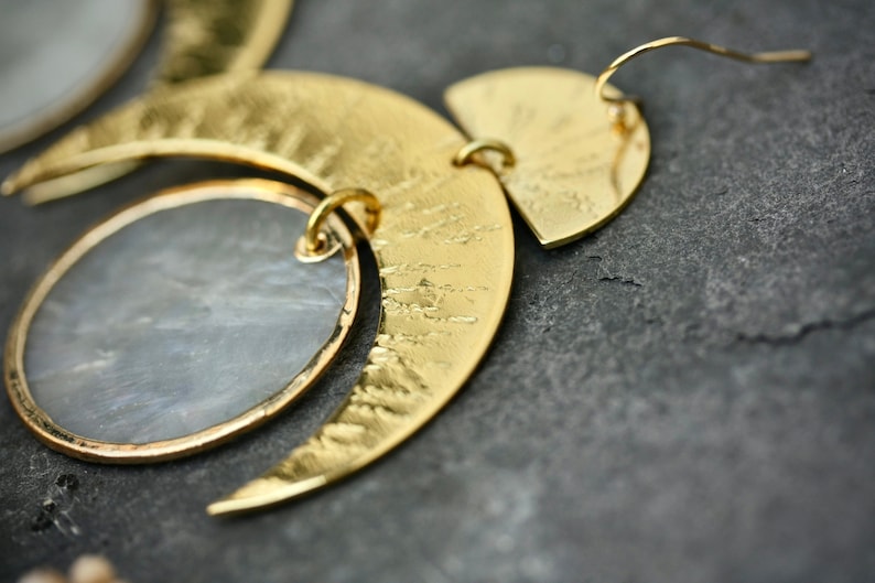 Statement big 18k gold covered brass earrings made with translucent moon round shell and hammered gold brass pieces and gold filled hooks image 5