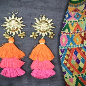 Large Sun Tassel Earrings,colourful earrings boho tassel earrings big earrings sun earrings statement earrings tassel earrings handmade image 3