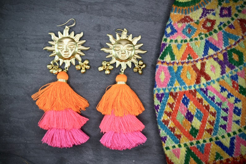 Large Sun Tassel Earrings,colourful earrings boho tassel earrings big earrings sun earrings statement earrings tassel earrings handmade image 3