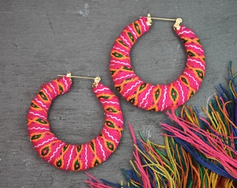 Hoop Earrings, pink hoops, peruvian earrings, colourful earrings, colorful hoops, colourful hoops, textile earrings, fabric earrings