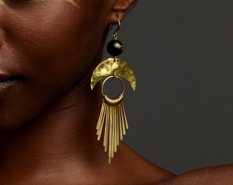 Gold Onyx Statement Earrings - East Asian Earrings Big