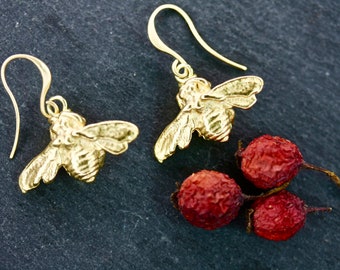 18k Gold Bee Dangle Earrings, Boho Insect Jewelry