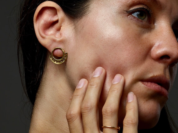 Hammered Brass Stud Earrings – Tribal Geometric Cutout Design