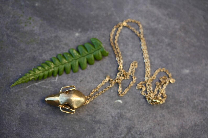 K&ouml;nnte beinhalten: Eine goldene Kettenkette mit einem kleinen, detaillierten, goldenen Tieranh&auml;nger. Der Anh&auml;nger ist in Form eines Hundekopfes gestaltet.