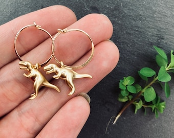 Gold T-Rex Hoop Earrings, Dinosaur Jewelry