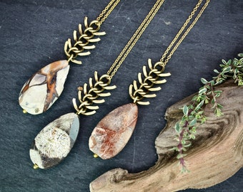 Boho Jasper Pendant Necklace, Gold Chain, Natural Stone