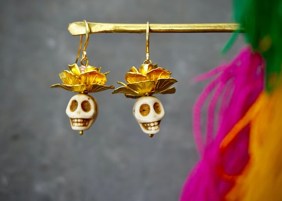 Day of the Dead Earrings halloween earrings skull earrings gold earrings frida kahlo earrings mexican earrings flower earrings witch