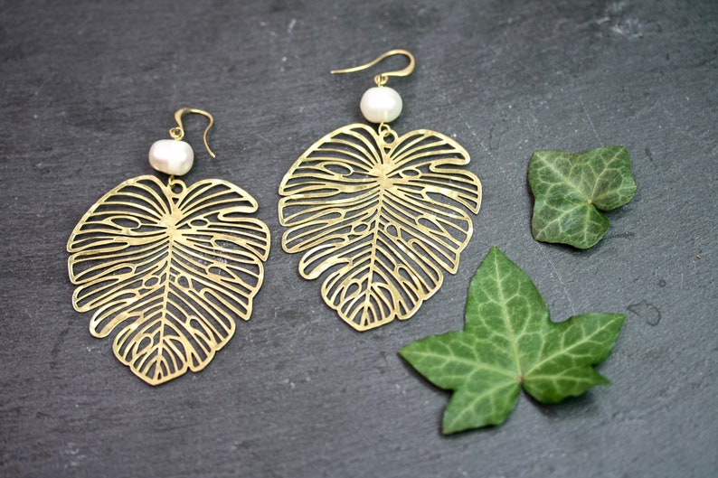 Gold Leaf Earrings with pearl finish, monstera earrings statement earrings big leaf earrings big gold earrings Etsy's Pick image 1