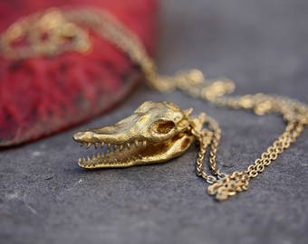 Crocodile necklace skull necklace skull jewelry crocodile jewelry alligator necklace alligator jewelry gold necklace voodoo necklace croc