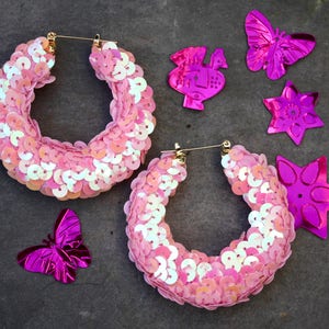 Large Hoop Earrings, party big earrings, baby pink hoop earrings, baby pink hoops sequin earrings, statement earrings shimmer earrings image 1
