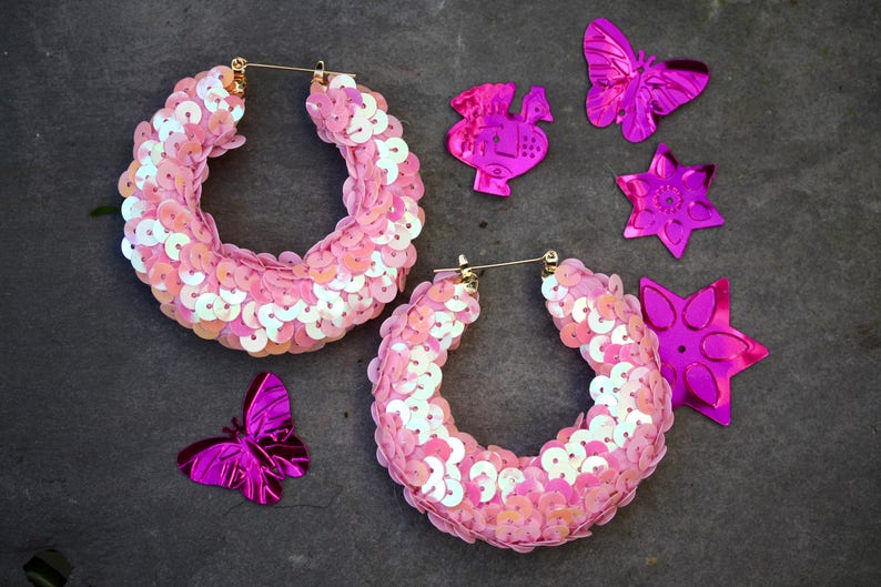 Large Hoop Earrings, party big earrings, baby pink hoop earrings, baby pink hoops sequin earrings, statement earrings shimmer earrings image 1