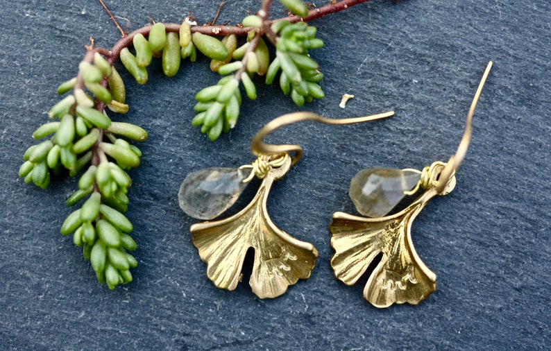 Labradorite drop Earrings, leaf earrings, gemstone earrings, labradorite jewelry, February birthstone, Gingko, rough cut jewelry image 3