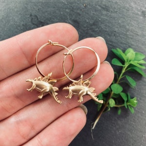 Stegosaurus Dinosaur Earrings, 18k Gold Filled Hoops
