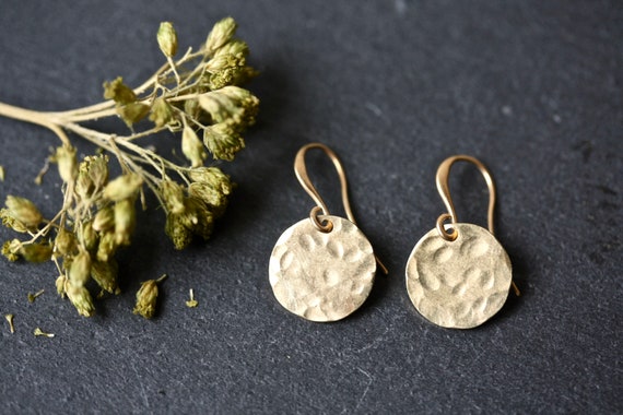 Hammered Brass Disc Earrings, Minimalist Gold Coin Jewelry