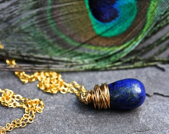 Lapiz drop necklace, blue drop necklace, semiprecious necklace, little boho necklace, gold wire necklace, gold boho necklace, boho drop