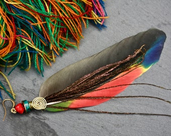 Parrot Single Feather Earring, feather earrings, green feather, parrot feather, boho earring, bohemian earrings, hippie earring, coral