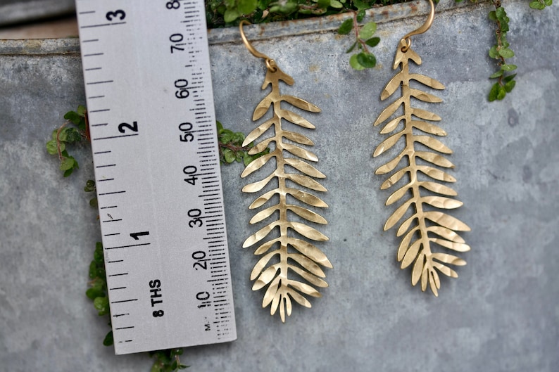 Gold Leaf Earrings Made From Raw Brass That Has Been Beaten and Hammered Bohemian, handmade nature style earrings image 5