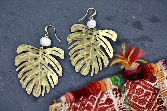 Hand Textured Brass Monstera Leaf Earrings with Freshwater Pearls