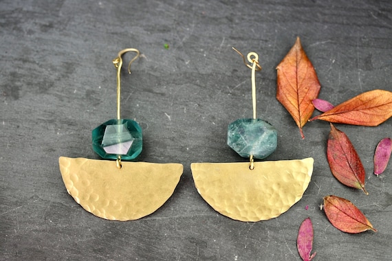 Hammered Brass Fluorite Earrings, Boho Statement Jewelry