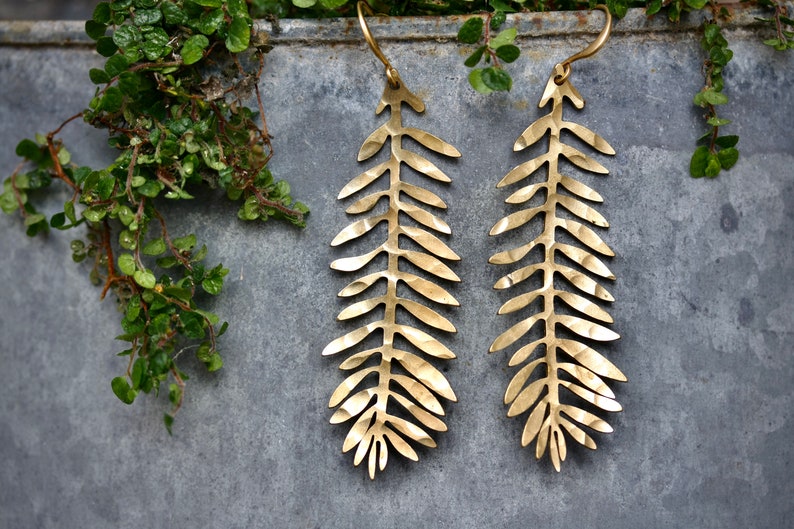 Gold Leaf Earrings Made From Raw Brass That Has Been Beaten and Hammered Bohemian, handmade nature style earrings image 6