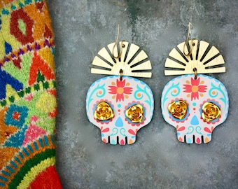 Tag der Toten Ohrringe, Frida Halloween Ohrringe Schädel Ohrringe Rosenohrringe Frida Kahlo Ohrringe mexikanische Ohrringe Zuckerschädel Ohrringe