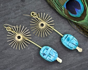 Scarab Beetle Earrings, long earrings, large gold earrings, statement earrings, dangle earrings, pendulum earrings, Egyptian earrings, blue