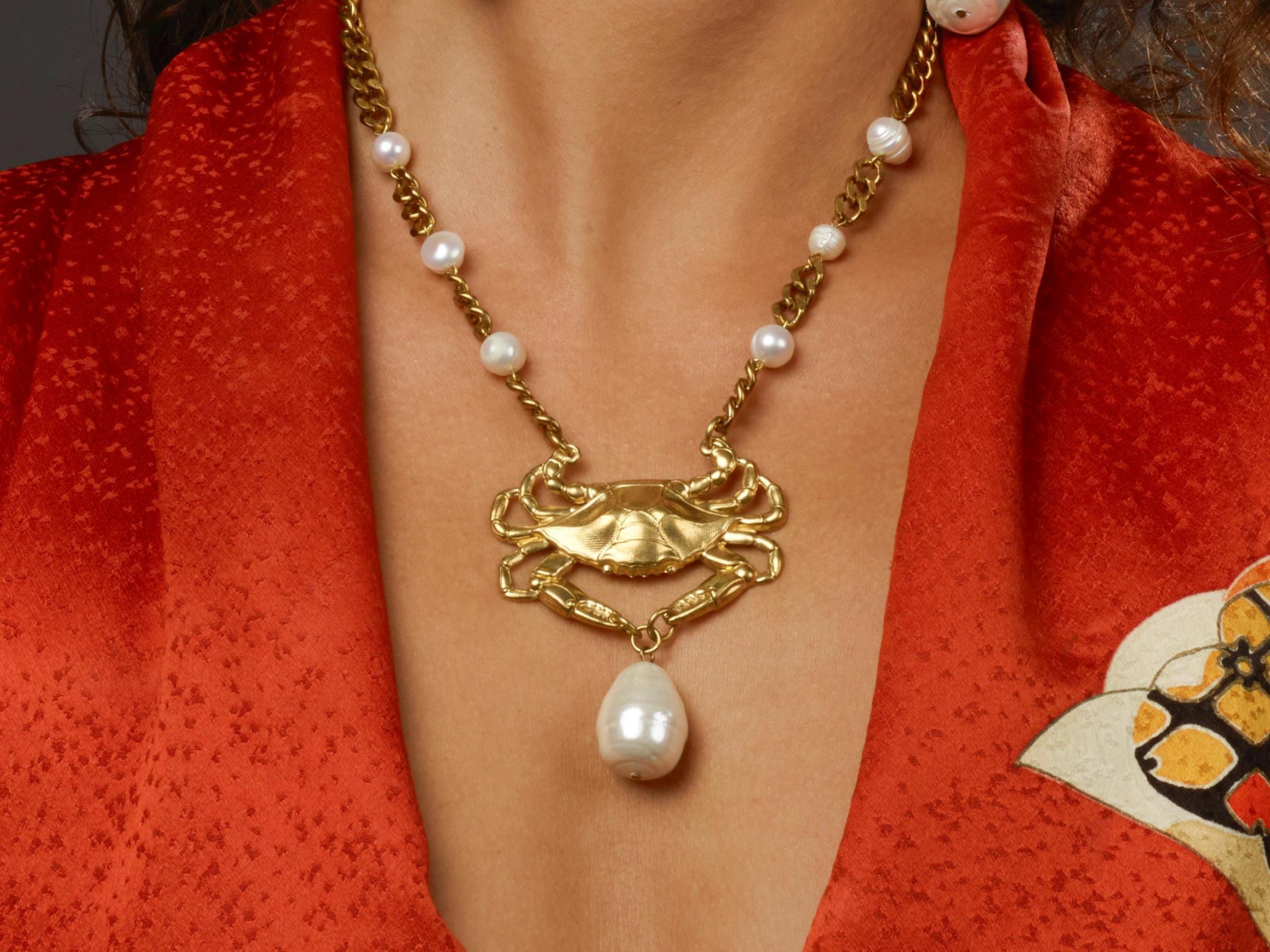 Gold Brass Crab Pendant Necklace, Baroque Pearl, Freshwater Pearl
